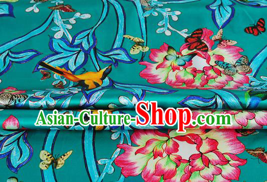 Chinese Classical Twine Peony Pattern Design Green Silk Fabric Asian Traditional Hanfu Mulberry Silk Material