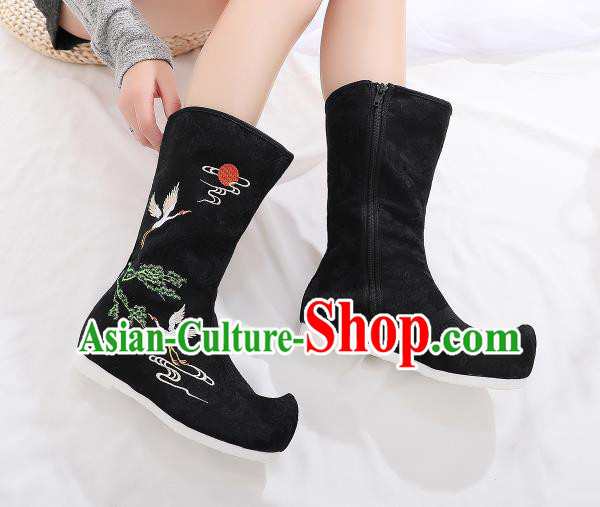 Traditional Chinese Kung Fu Black Boots Opera Shoes Hanfu Shoes Embroidered Crane Boots for Women