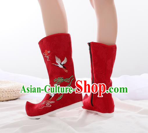 Traditional Chinese Kung Fu Red Boots Opera Shoes Hanfu Shoes Embroidered Crane Boots for Women