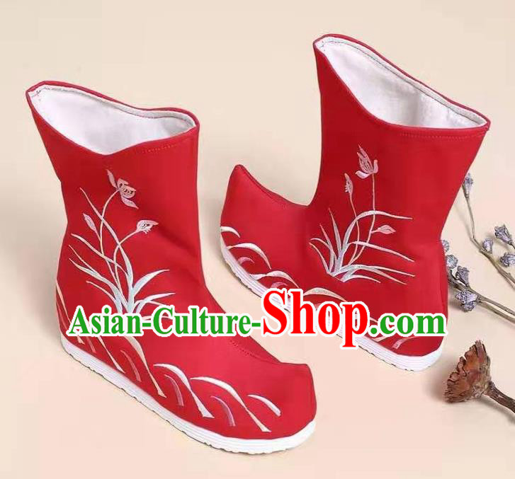 Traditional Chinese Embroidered Orchid Red Boots Kung Fu Boots Opera Shoes Hanfu Shoes for Women