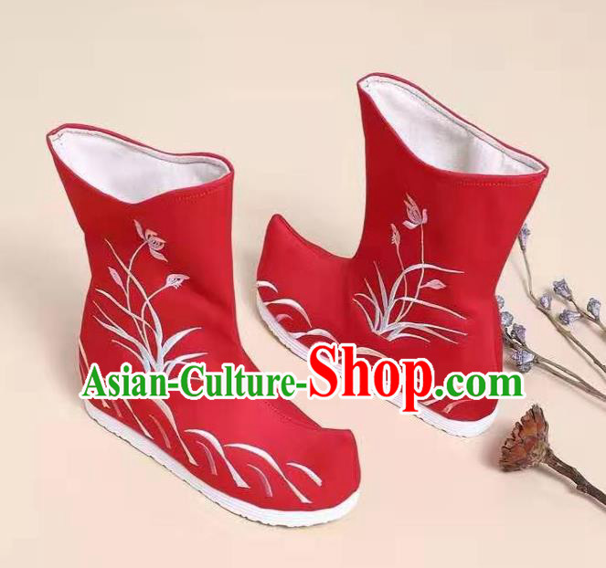 Traditional Chinese Embroidered Orchid Red Boots Kung Fu Boots Opera Shoes Hanfu Shoes for Women