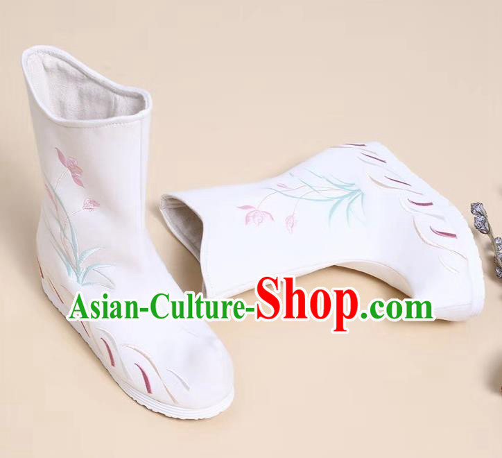 Traditional Chinese Embroidered Orchid White Boots Kung Fu Boots Opera Shoes Hanfu Shoes for Women