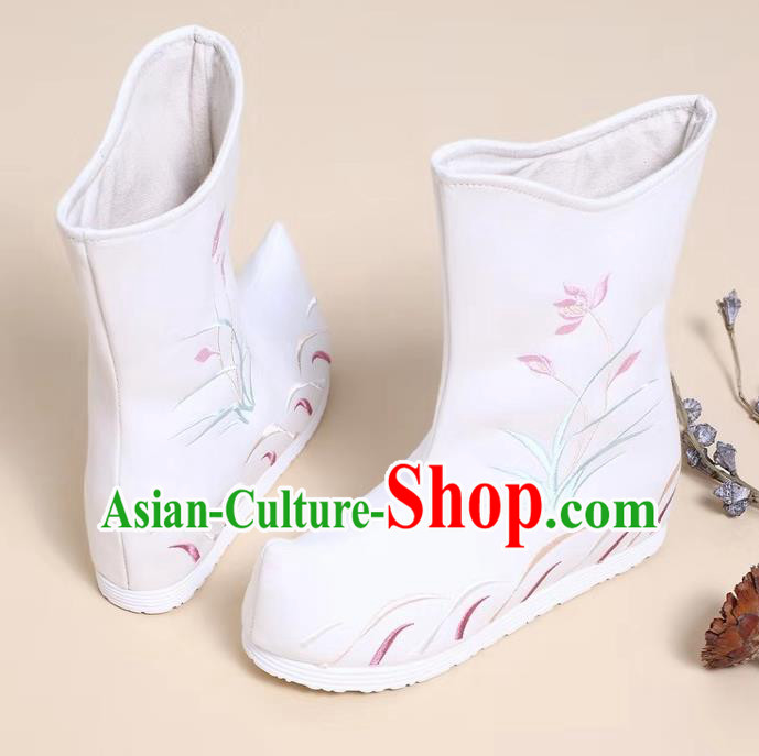 Traditional Chinese Embroidered Orchid White Boots Kung Fu Boots Opera Shoes Hanfu Shoes for Women