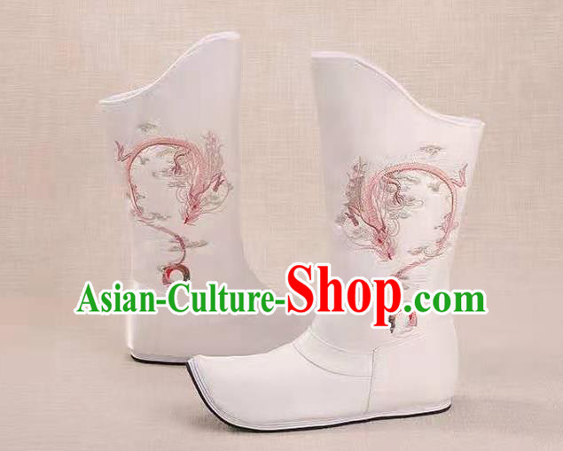 Traditional Chinese Embroidered Dragon White Boots Kung Fu Boots Opera Shoes Hanfu Shoes for Women