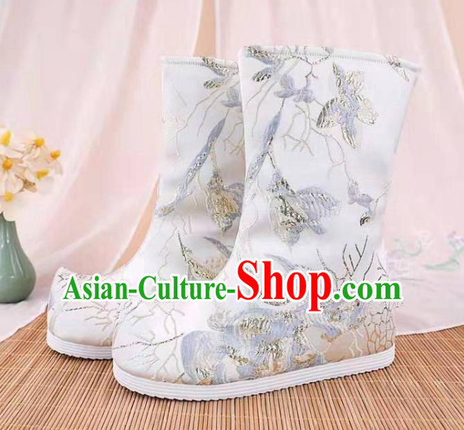 Traditional Chinese Embroidered White Boots Kung Fu Boots Opera Shoes Hanfu Shoes for Women