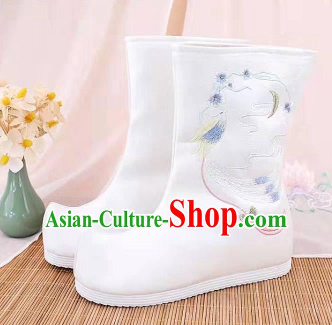 Traditional Chinese Embroidered Bird White Boots Kung Fu Boots Opera Shoes Hanfu Shoes for Women