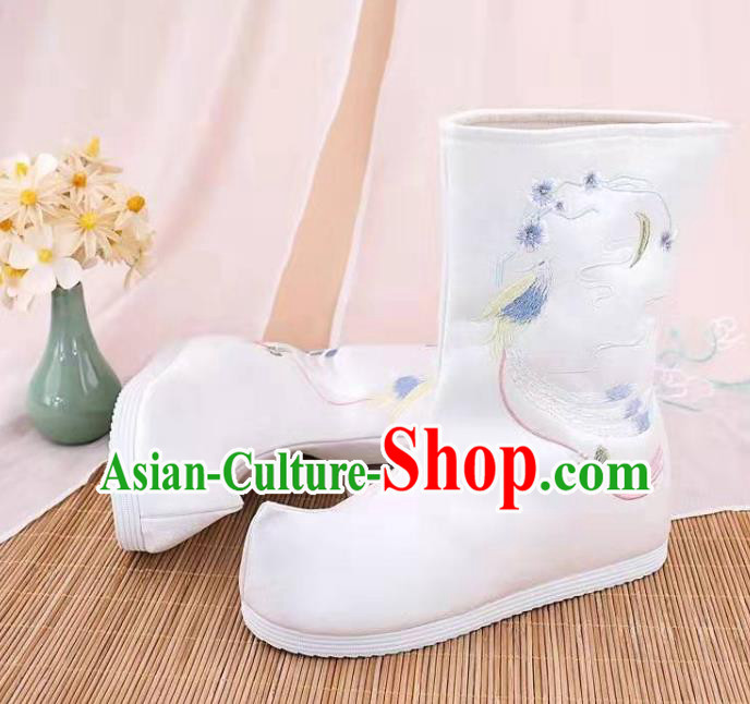 Traditional Chinese Embroidered Bird White Boots Kung Fu Boots Opera Shoes Hanfu Shoes for Women