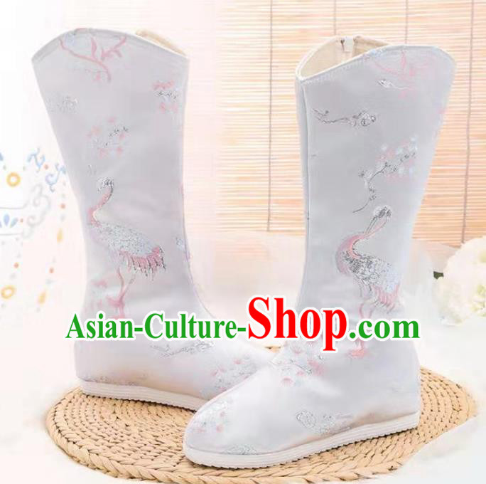 Chinese Kung Fu Boots Opera Shoes Hanfu Shoes Embroidered Crane White Boots for Women