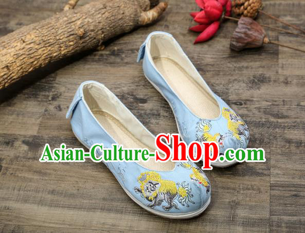 Chinese Embroidered Lion Blue Shoes Hanfu Shoes Women Shoes Opera Shoes Princess Shoes