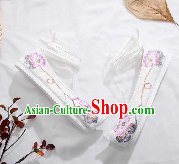 Traditional Chinese Embroidered Lotus White Shoes Hanfu Shoes Women Shoes Opera Shoes Princess Shoes