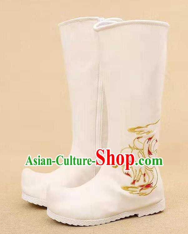 Traditional Chinese Embroidered Nine Tailed Fox White Boots Kung Fu Boots Opera Shoes Hanfu Shoes for Women