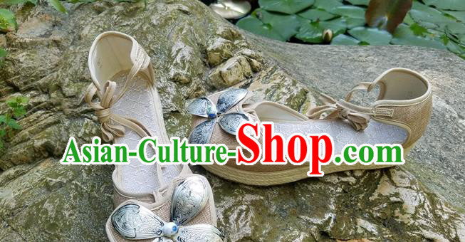 Traditional Chinese Handmade Flaxen Wedge Heel Shoes Women Yunnan National Shoes Embroidered Sandal