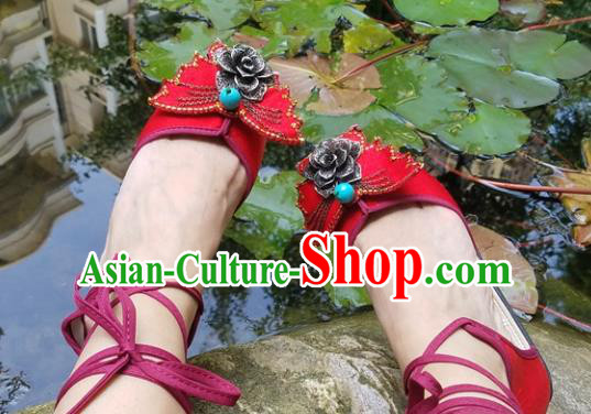 Traditional Chinese Handmade Carving Silver Flower Red Shoes Women Yunnan National Shoes Embroidered Sandal