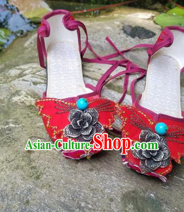 Traditional Chinese Handmade Carving Silver Flower Red Shoes Women Yunnan National Shoes Embroidered Sandal