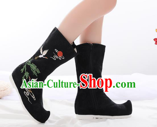 Traditional Chinese Kung Fu Black Boots Opera Shoes Hanfu Shoes Embroidered Crane Boots for Women