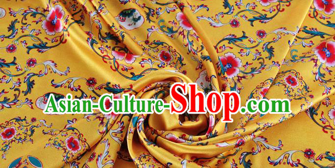Chinese Classical Twine Flowers Pattern Design Yellow Silk Fabric Asian Traditional Hanfu Mulberry Silk Material