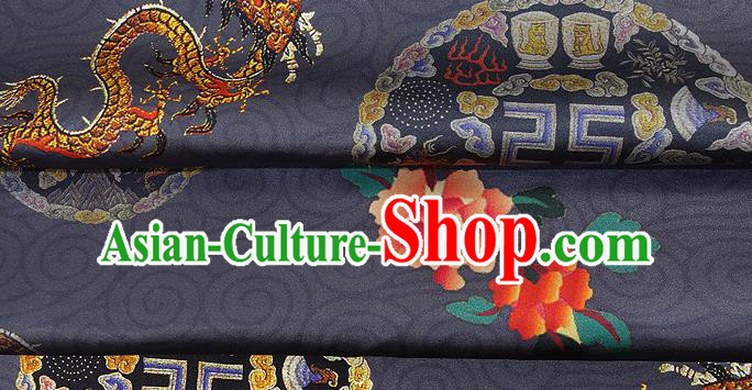 Chinese Classical Dragon Peony Pattern Design Navy Silk Fabric Asian Traditional Hanfu Mulberry Silk Material