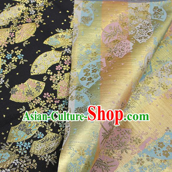 Asian Japanese Traditional Sakura Fan Pattern Design Black Brocade Fabric Tapestry Satin