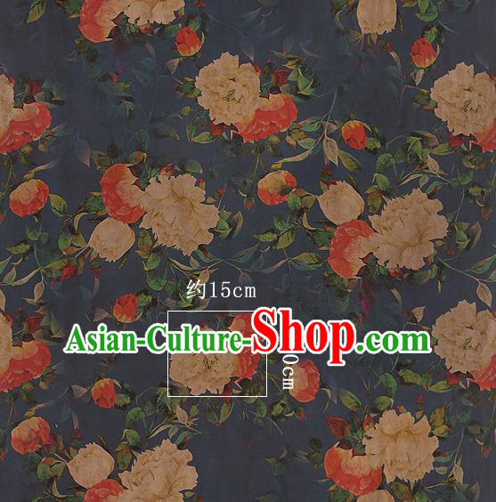 Chinese Classical Hibiscus Pattern Design Navy Silk Fabric Asian Traditional Hanfu Mulberry Silk Material