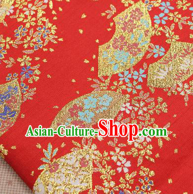 Asian Japanese Traditional Sakura Fan Pattern Design Red Brocade Fabric Tapestry Satin