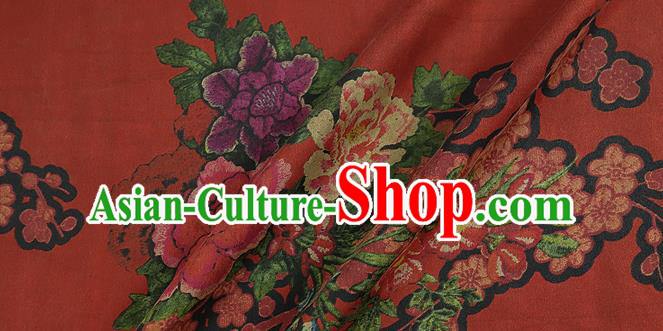 Chinese Classical Peony Plum Pattern Design Rust Red Silk Fabric Asian Traditional Hanfu Mulberry Silk Material
