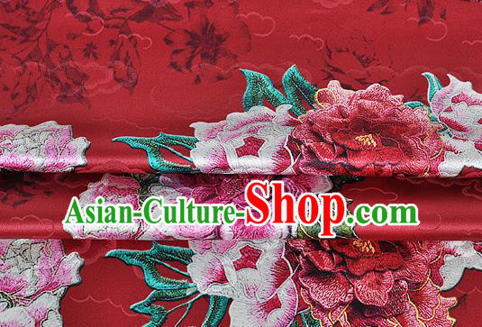Chinese Classical Cloud Peony Pattern Design Red Silk Fabric Asian Traditional Hanfu Mulberry Silk Material