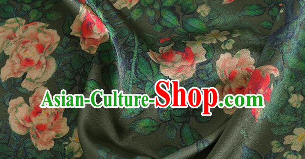 Chinese Classical Roses Pattern Design Atrovirens Silk Fabric Asian Traditional Hanfu Mulberry Silk Material
