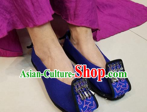 Traditional Chinese Handmade Silver Tassel Royalblue Shoes Yunnan National Shoes Embroidered Sandal for Women