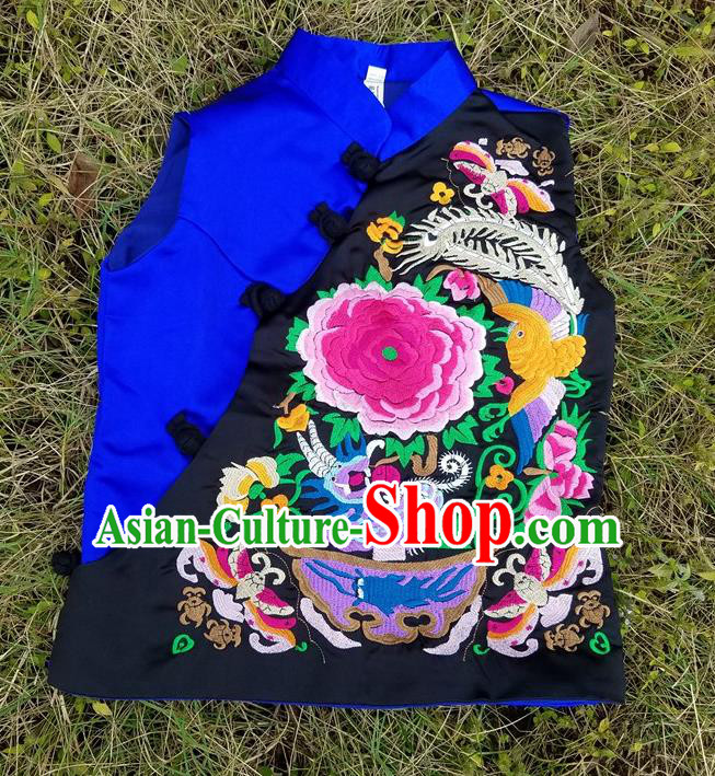 Traditional Chinese Embroidered Peony Royalblue Vest Handmade National Upper Outer Garment Costume for Women
