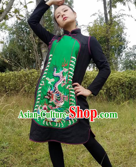 Traditional Chinese Embroidered Dragon Green Dress National Sleeveless Cheongsam Costume for Women