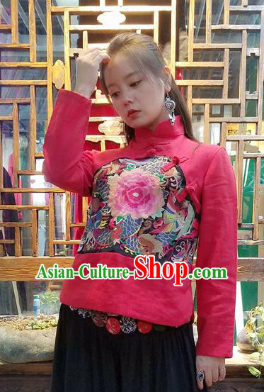 Traditional Chinese Embroidered Peony Red Shirt National Cheongsam Blouse Costume for Women