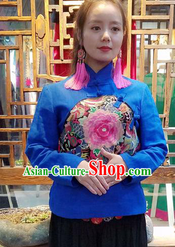 Traditional Chinese Embroidered Peony Blue Shirt National Cheongsam Blouse Costume for Women