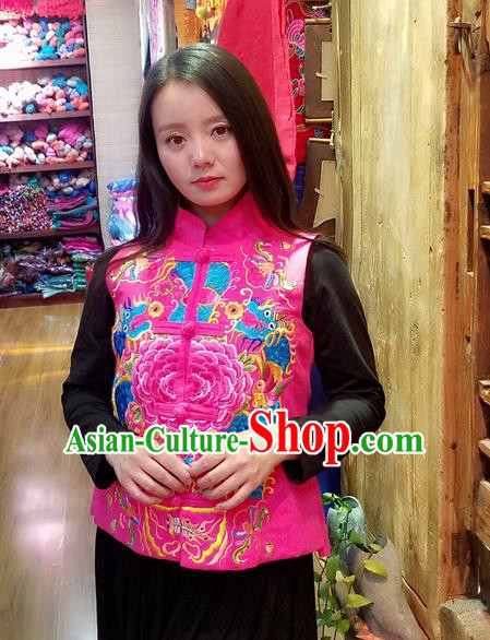 Traditional Chinese Embroidered Dragon Peony Pink Vest National Waistcoat Costume for Women