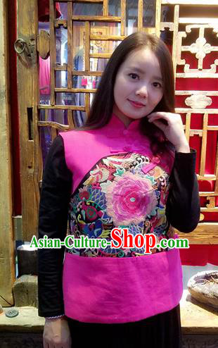 Traditional Chinese Rosy Flax Vest National Embroidered Peony Waistcoat Costume for Women