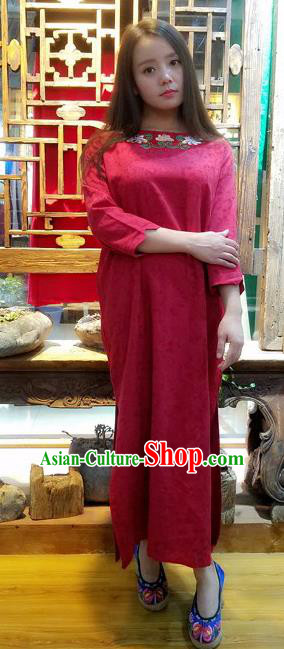 Traditional Chinese Red Flax Dress National Embroidered Cheongsam Costume for Women