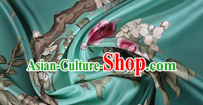Chinese Classical Peach Blossom Pattern Design Green Silk Fabric Asian Traditional Hanfu Mulberry Silk Material