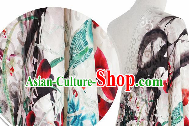 Chinese Classical Orchid Bird Pattern Design White Silk Fabric Asian Traditional Hanfu Mulberry Silk Material