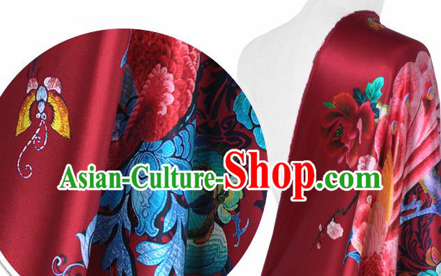 Chinese Classical Peacock Peony Pattern Design Red Silk Fabric Asian Traditional Hanfu Mulberry Silk Material