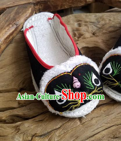 Traditional Chinese Ethnic Embroidered Tiger Black Slippers Handmade National Shoes Hanfu Shoes for Women
