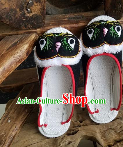 Traditional Chinese Ethnic Embroidered Tiger Black Slippers Handmade National Shoes Hanfu Shoes for Women