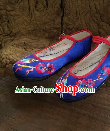 Traditional Chinese Ethnic Embroidered Flower Bird Blue Shoes National Shoes Hanfu Shoes for Women