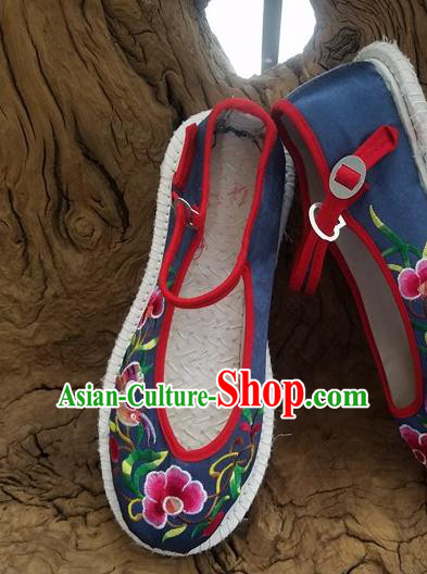 Traditional Chinese Ethnic Embroidered Flower Navy Satin Shoes National Shoes Hanfu Shoes for Women