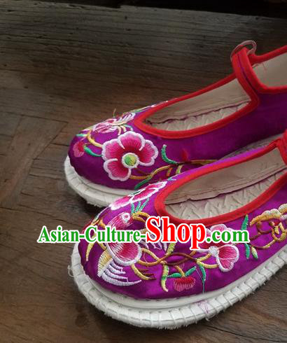 Traditional Chinese Ethnic Embroidered Flower Purple Satin Shoes National Shoes Hanfu Shoes for Women