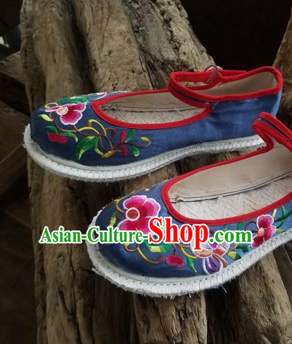 Traditional Chinese Ethnic Embroidered Flower Navy Satin Shoes National Shoes Hanfu Shoes for Women