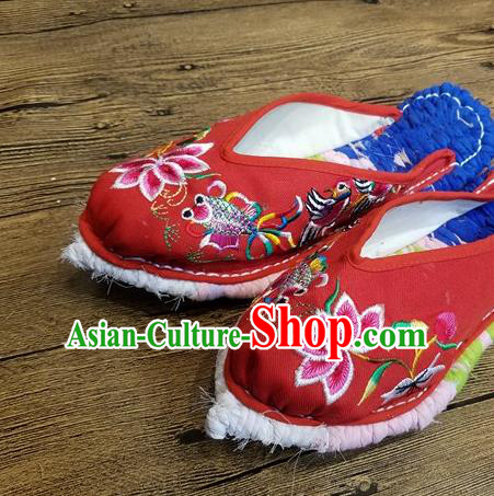 Traditional Chinese Embroidered Flowers Red Satin Slippers Handmade Ethnic National Shoes Hanfu Shoes for Women