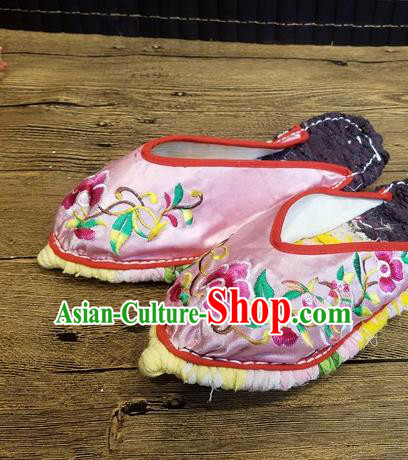 Traditional Chinese Embroidered Flowers Pink Satin Slippers Handmade Ethnic National Shoes Hanfu Shoes for Women