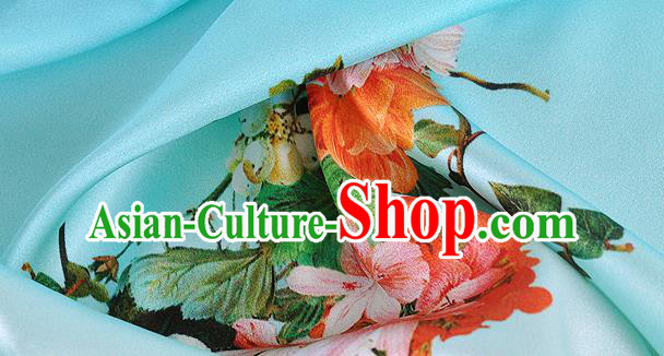 Chinese Classical Flowers Pattern Design Light Blue Silk Fabric Asian Traditional Hanfu Mulberry Silk Material