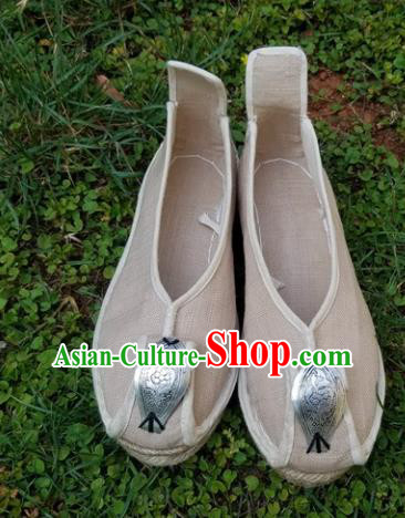 Traditional Chinese Handmade Carving Silver Beige Shoes Yunnan National Shoes Embroidered Shoes for Women