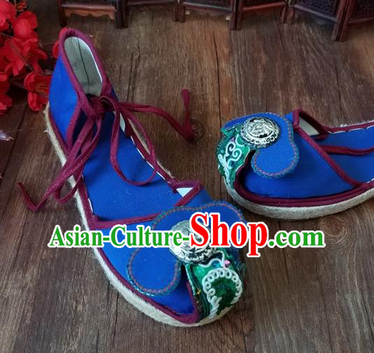 Traditional Chinese Ethnic Bride Embroidered Blue Shoes Handmade Yunnan National Shoes Hanfu Shoes for Women