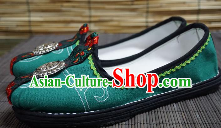 Traditional Chinese Ethnic Female Green Shoes Handmade Yunnan National Shoes Hanfu Shoes for Women
